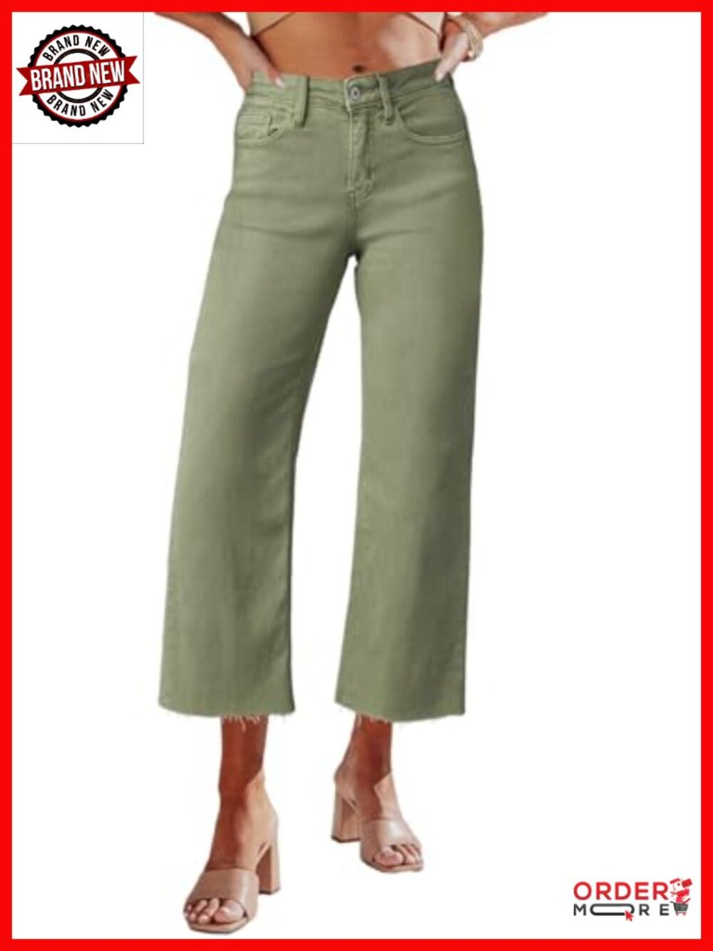 High Waisted Wide Leg Ripped Capri Jeans Stretch Denim Raw Hem